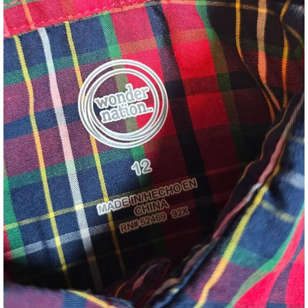 Wonder Nation Boys Red Green Plaid Long Sleeve Button Front Shirt Size 12 EUC - Picture 3 of 3